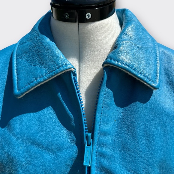 WILSONS LEATHER Varsity Bomber Jacket Genuine Leather Wool Sleeve Blue Cream XS - Picture 4 of 12